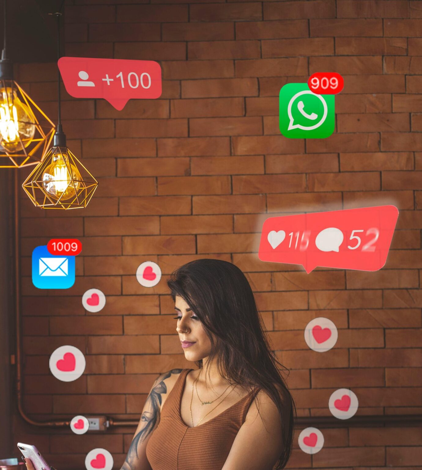 Woman using smartphone in cafe with social media notifications around.